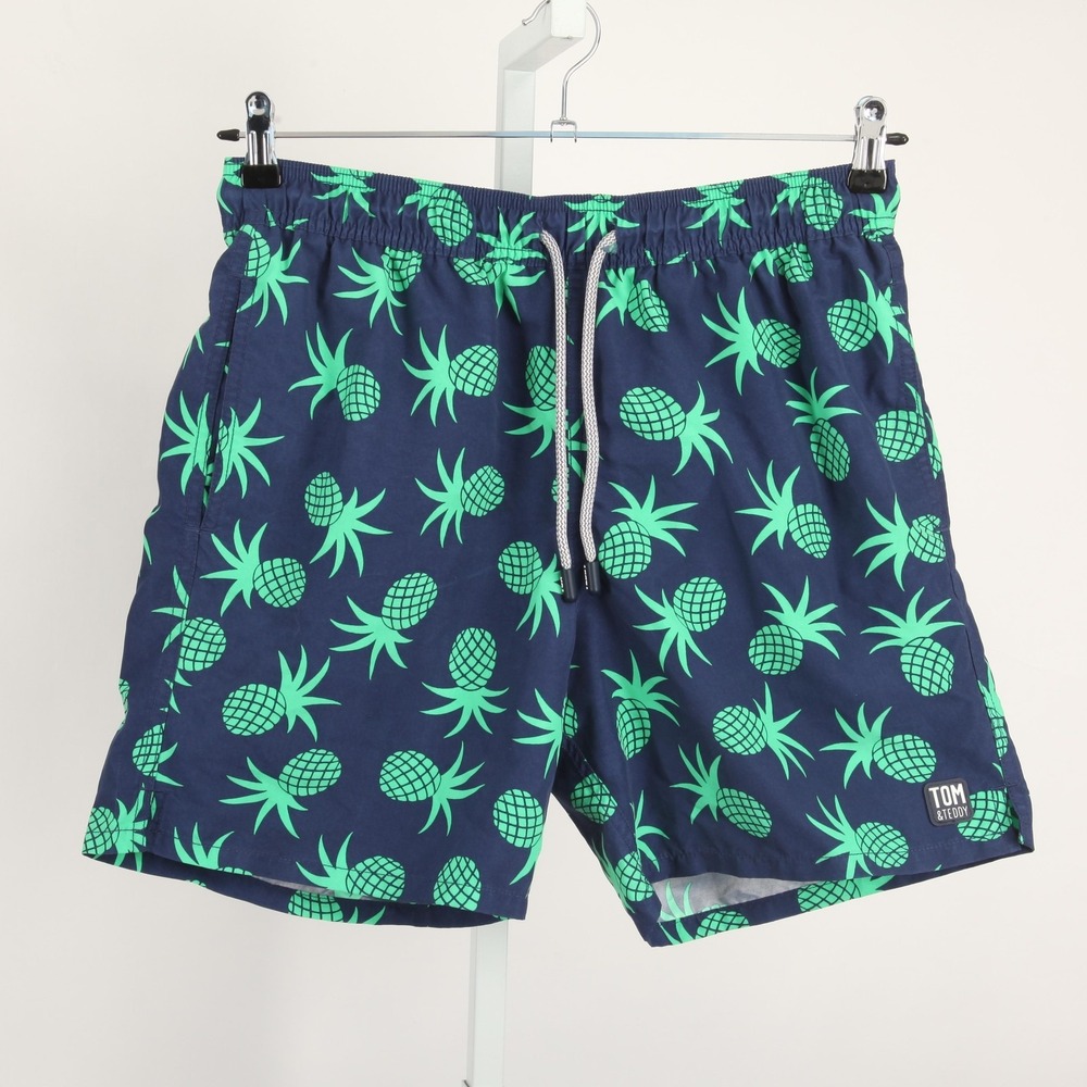Tom & Teddy Swim Shorts Mens Medium Blue Pineapple Print Drawstring Lined Trunks